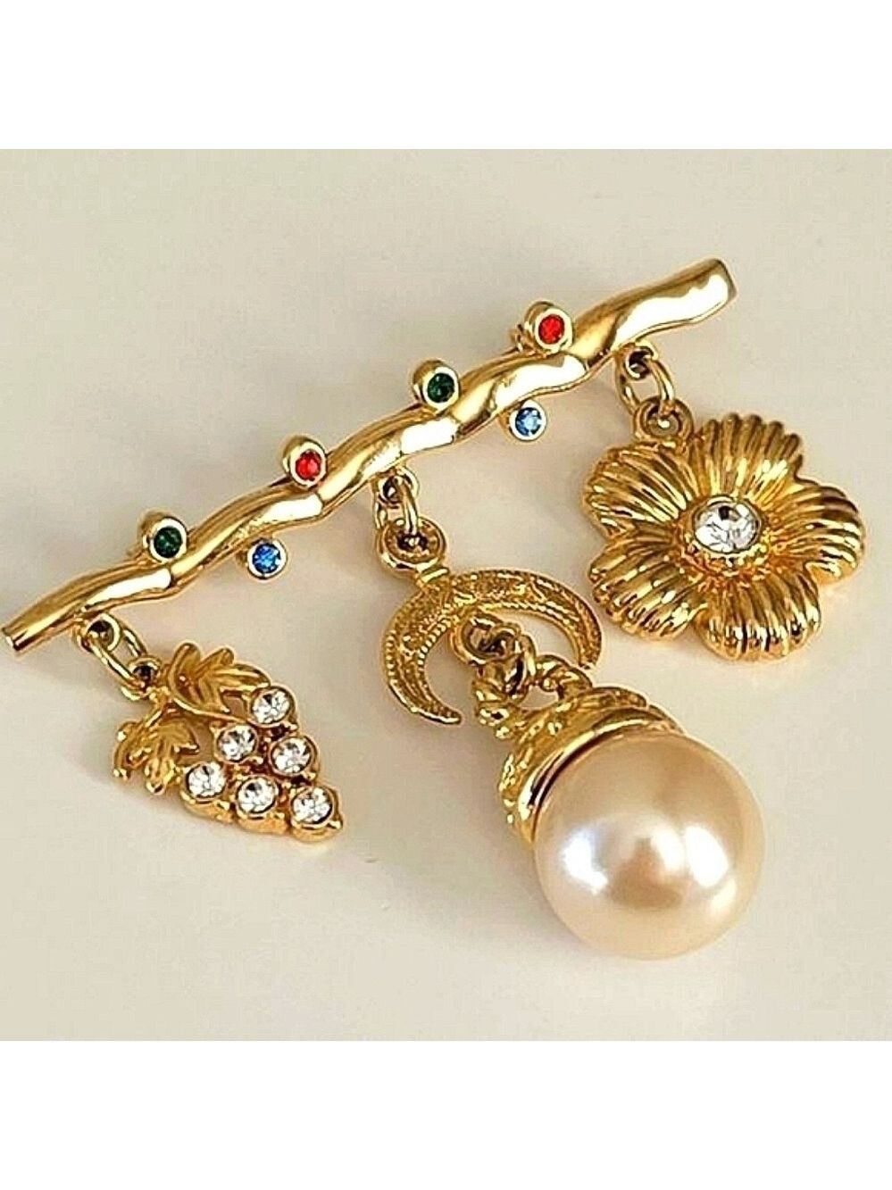 Vintage Brooch Multicolor Grapes Flower Pearl Drop Brooch #1092